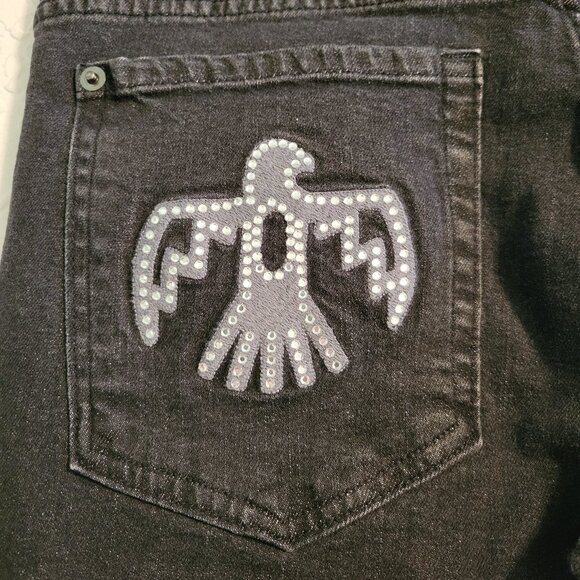 RARE TBB Thunderbird Black Denim Rhinestone Bird Pockets Flared Jeans Size 29L - Picture 5 of 8